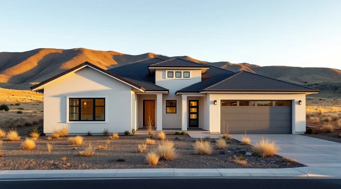 Single-story home with a freshly finished light stucco exterior in the Wenatchee foothills