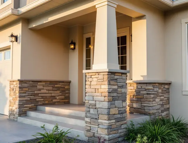 Home entry with natural stone veneer and stone columns